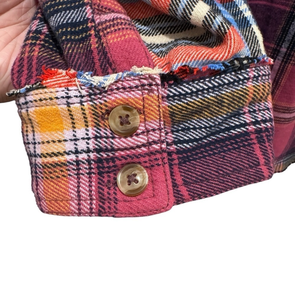 Free People We the Free Patched Up Plaid Cotton Shirt Oversized Grunge Pink XS - Picture 7 of 16